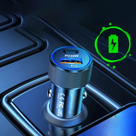 Incarcator auto Techsuit - Premium VoltDuo (C2) - with LED Light, USB QC 3.0, TypeC PD30W, 5V/3A, ABS, Metal - Black [3]