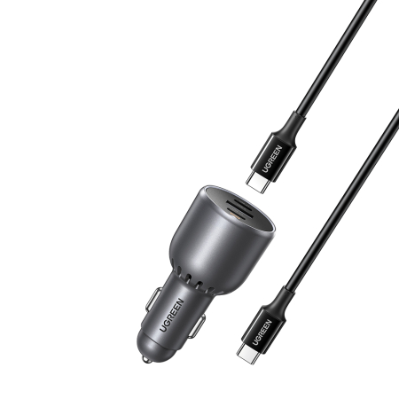 Incarcator Auto - Incarcator auto  Ugreen - Car Charger EC705 (55511) - for Phone, Laptop, Fast Charge, LED Light, 2x USB-C, USB, 130W, with Type-C Cable - Grey