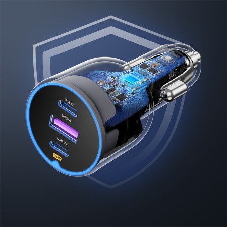 Incarcator auto Ugreen  EC705 (35025) - for Phone, Laptop, Tablet, Fast Charge, LED Light, 2x USB-C, USB, 130W - Grey [1]