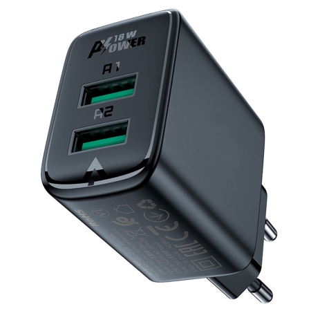 Incarcator Priza - Incarcator priza Acefast (A33) - Dual Port, Fast Charge 2x USB, QC18W - Black