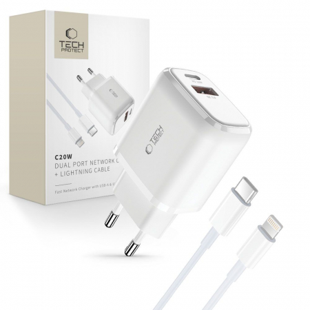 Incarcator Priza - Incarcator Tech-Protect C20W mini lightning alb