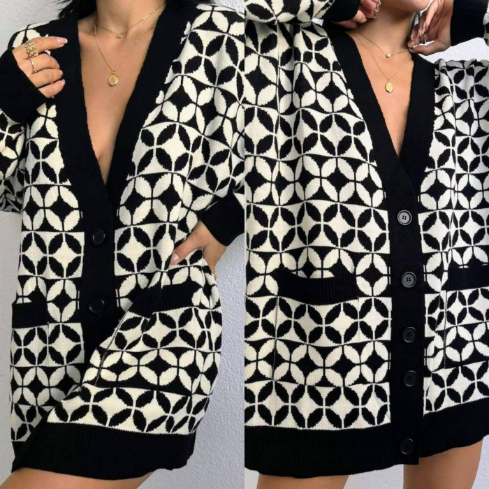 Cardigan Alb/Negru cu Buzunare, Wendy [3]
