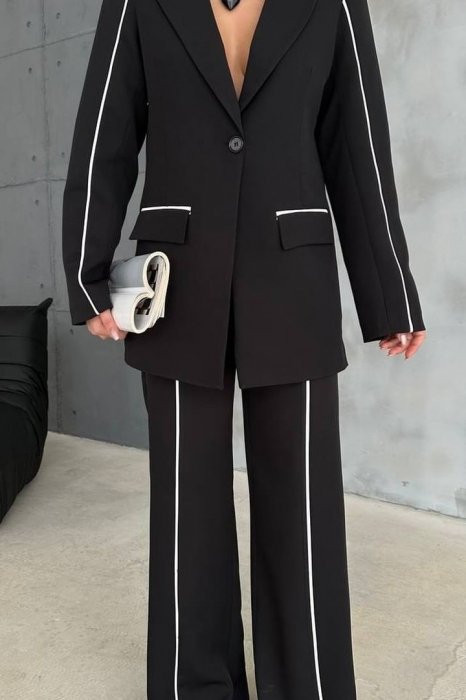 Costum Elegant, 2 piese Negru, cu dungi fine albe [3]