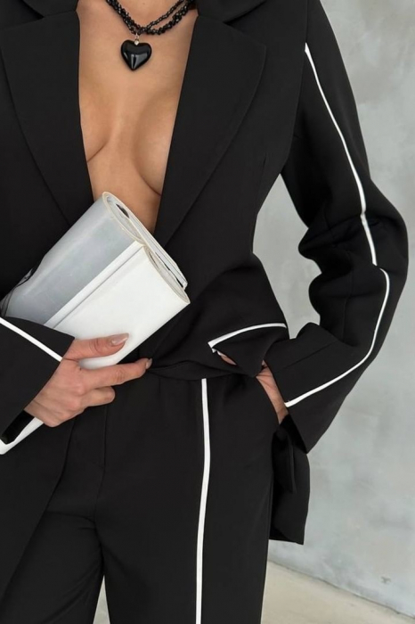 Costum Elegant, 2 piese Negru, cu dungi fine albe [7]