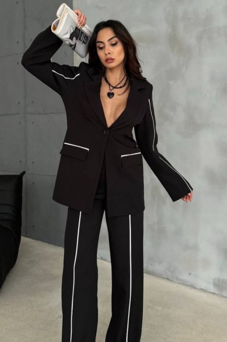 Costum Elegant, 2 piese Negru, cu dungi fine albe [5]