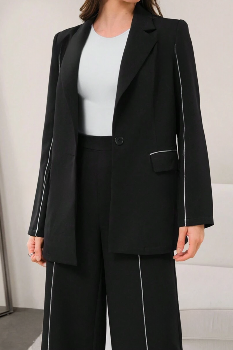 Costum Elegant, 2 piese Negru, cu dungi fine albe [12]