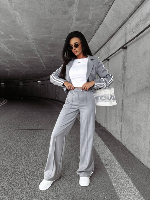 Compleu Smart Casual Gri cu Dungi Laterale – Sacou Crop și Pantaloni Largi pentru Toamna [2]