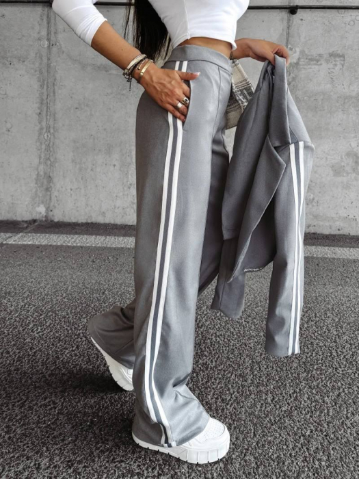 Compleu Smart Casual Gri cu Dungi Laterale – Sacou Crop și Pantaloni Largi pentru Toamna [5]