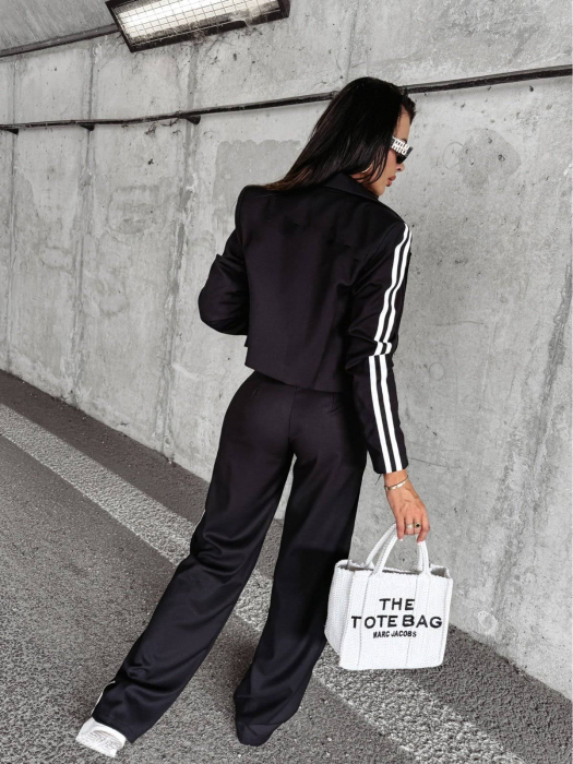 Compleu Smart Casual Negru cu Dungi Laterale – Sacou Crop și Pantaloni Largi pentru Toamna [2]