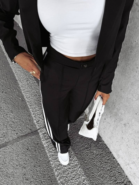 Compleu Smart Casual Negru cu Dungi Laterale – Sacou Crop și Pantaloni Largi pentru Toamna [4]