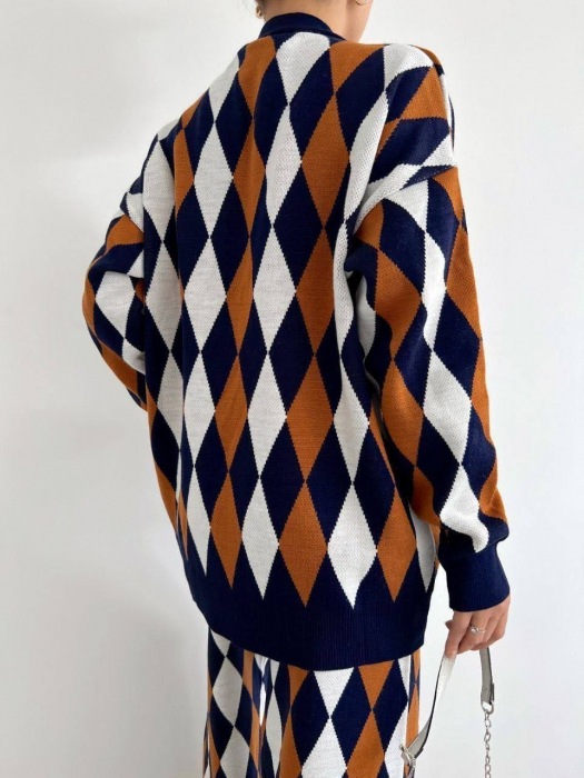 Compleu tricotat multicolor, 2 piese, cu imprimeu geometric, Maro-Alb-Bleumarin [4]