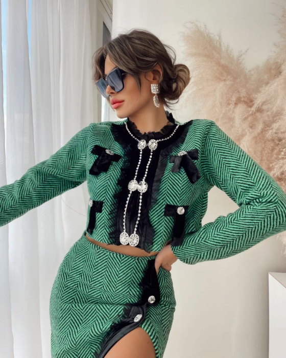 Costum cu fusta si sacou, verde, Rebecca [3]