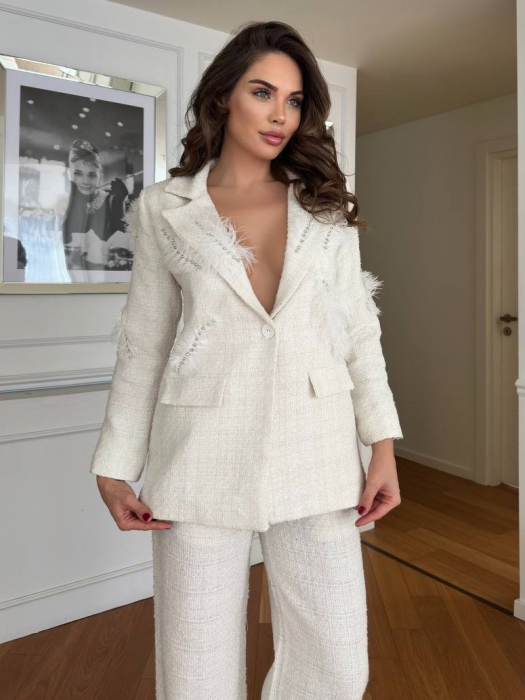 Costum elegant din 2 Piese, Alb, accesorizat cu strasuri cu puf [5]