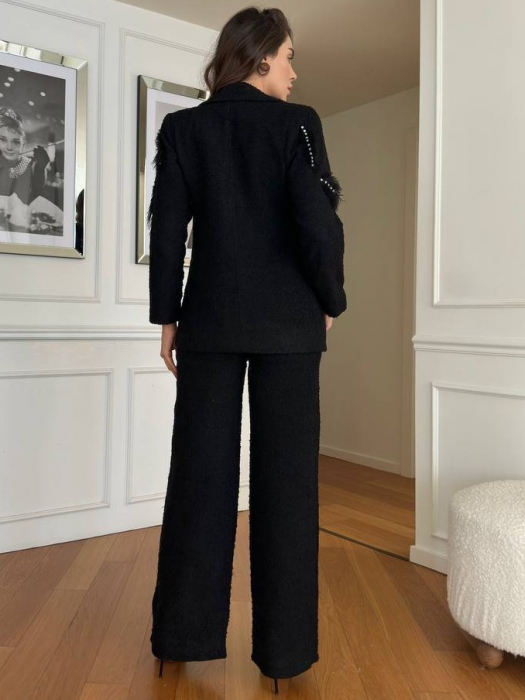 Costum elegant din 2 Piese, Negru, accesorizat cu strasuri cu puf [5]