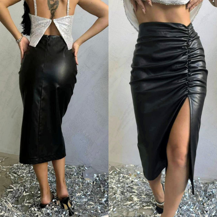 Fusta Midi din Piele Eco, Negru [2]