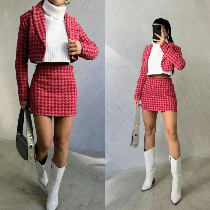 Fusta Mini cu Model Ecosez, Roz/Rosu [3]
