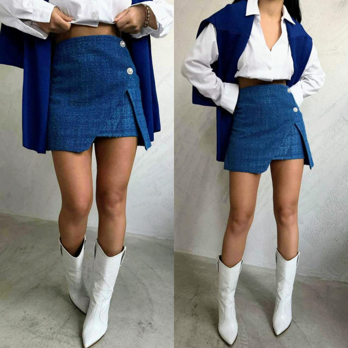 Fusta Mini cu Nasturi Perla, Albastru [2]