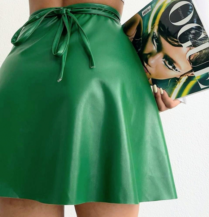 Fusta Mini din Piele Eco Parte peste Parte, Verde [3]