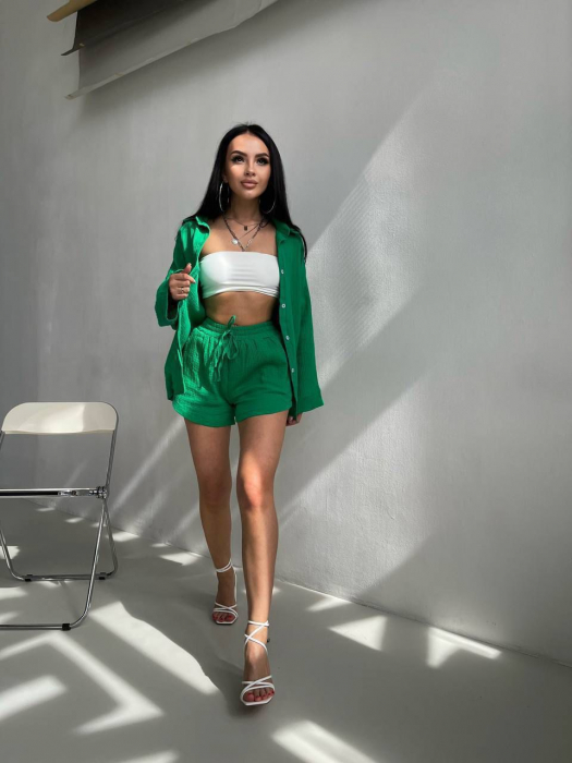 Compleu de varaa cu pantaloni scurti si camasa, verde inchis [2]