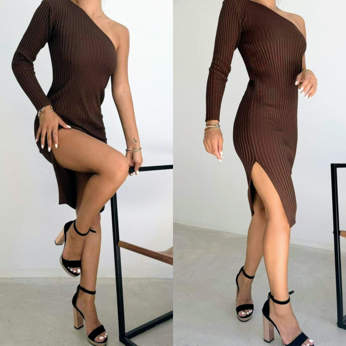 Rochie Mulata cu o Singura Maneca Maro, Simina [2]
