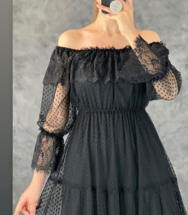 Rochie Neagra din Dantela cu Maneca Lunga [7]