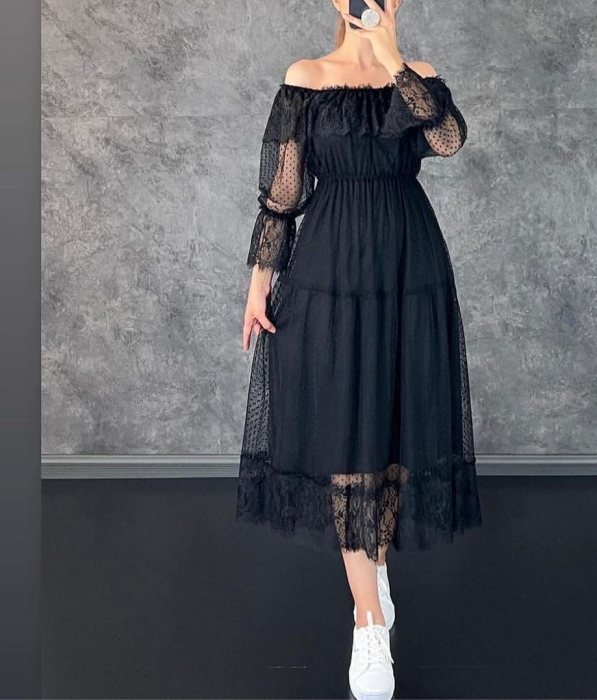 Rochie Neagra din Dantela cu Maneca Lunga [9]