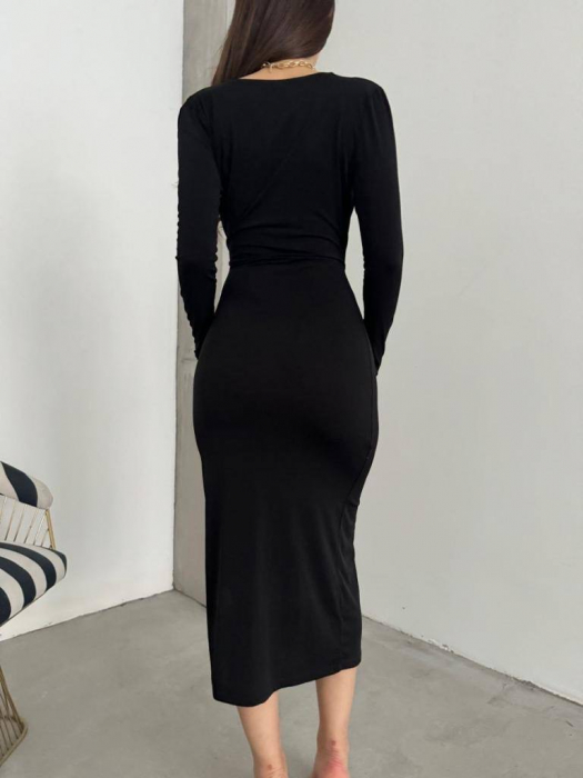 Rochie neagra eleganta, maxi, cu maneca lunga si decolteu in V [3]