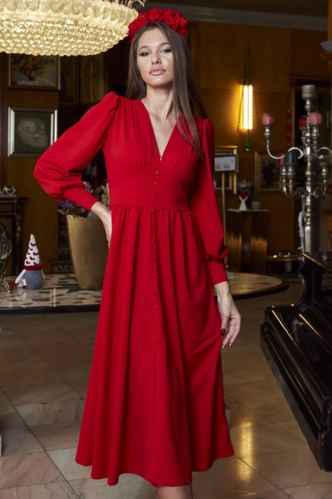 Rochie rosie, maxi, cu maneca lunga si decolteu in V [2]