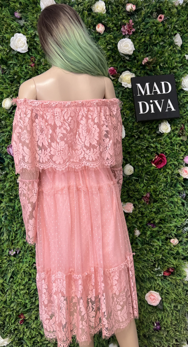 Rochie Roz din Dantela cu Maneca Lunga [3]