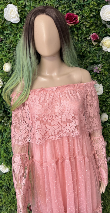 Rochie Roz din Dantela cu Maneca Lunga [2]