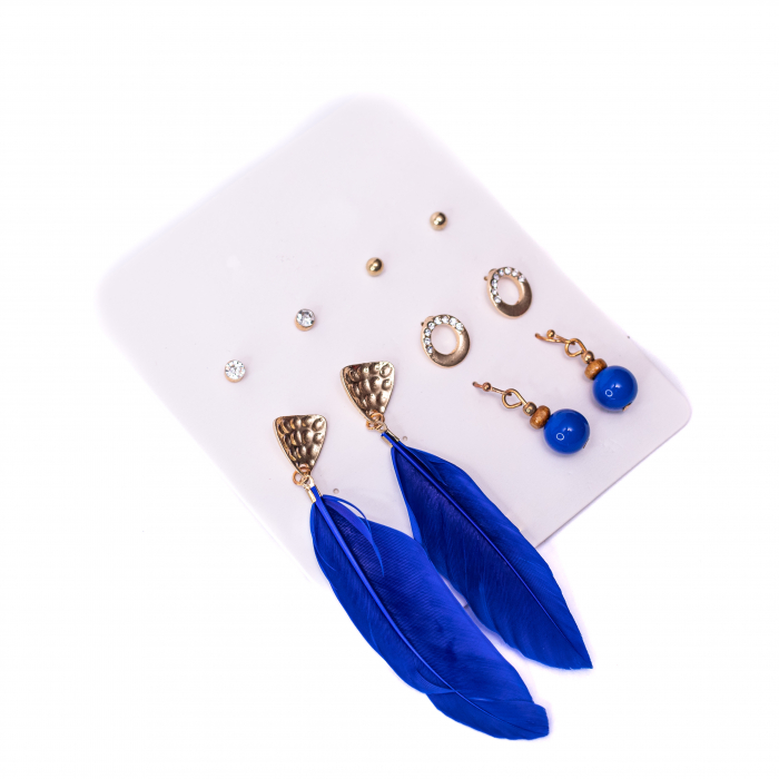 Set de 5 Perechi de Cercei cu Pene, Albastru Indigo [2]