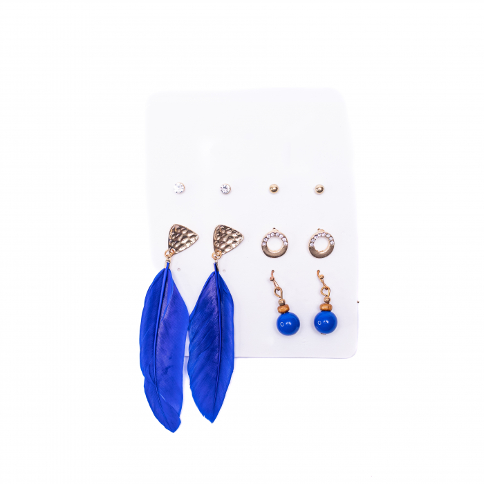 Set de 5 Perechi de Cercei cu Pene, Albastru Indigo [4]