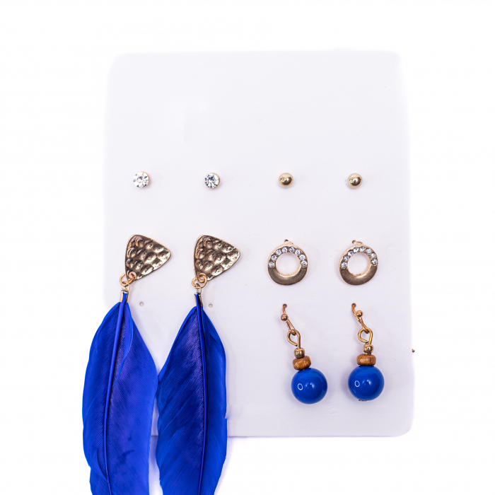 Set de 5 Perechi de Cercei cu Pene, Albastru Indigo [3]
