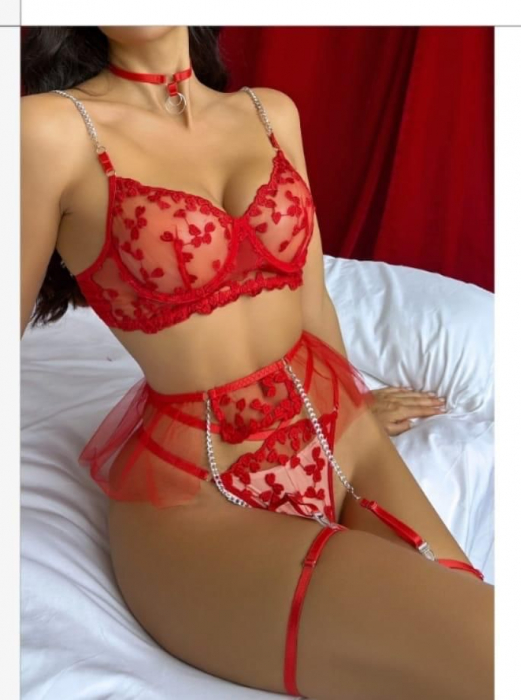 Set lenjerie intima sexy, din dantela, rosie [2]