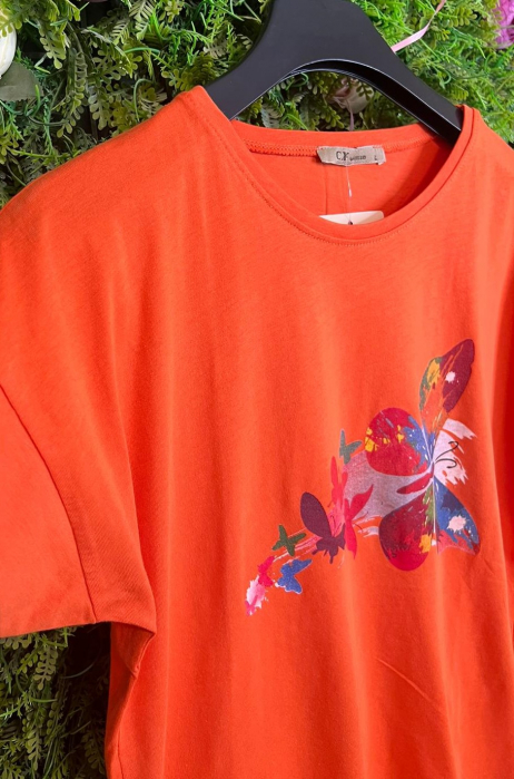 Tricou Orange din Bumbac cu Fluturi Multicolori [2]
