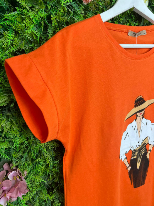 Tricou Orange din Bumbac Dama cu Palarie [2]
