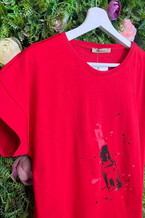 Tricou Rosu din Bumbac Cu Imprimeu Ruj [3]