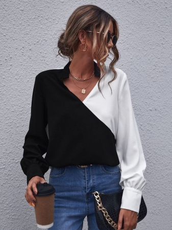 CAMASI - Camasa eleganta duo Alb/Negru, din satin, cu maneca lunga