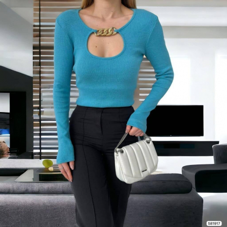 TOPURI & BLUZE - Bluza tricotata striata, albastra, cu accesoriu metalic auriu