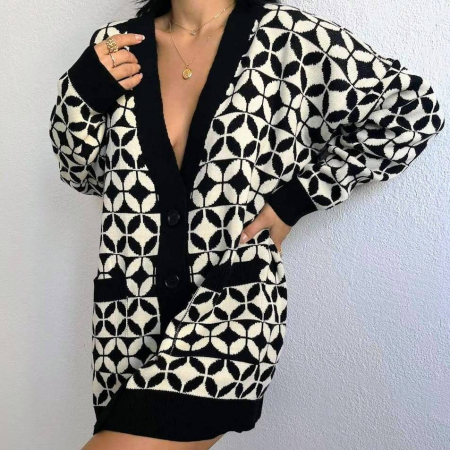 PULOVERE - Cardigan Alb/Negru cu Buzunare, Wendy