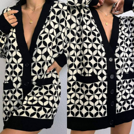 Cardigan Alb/Negru cu Buzunare, Wendy [2]