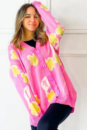 PULOVERE - Cardigan Roz cu Flori, Kirra
