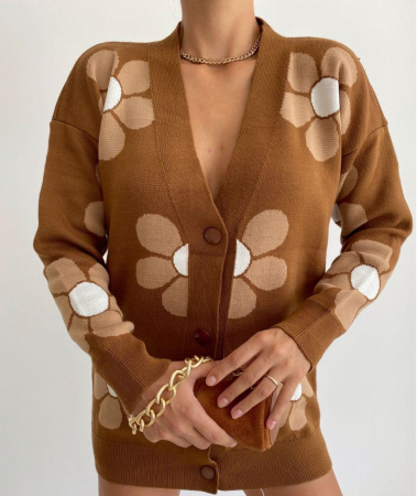 PULOVERE - Cardigan scurt, bej cu flori albe