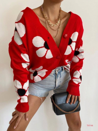 PULOVERE - Cardigan scurt, rosu cu flori albe