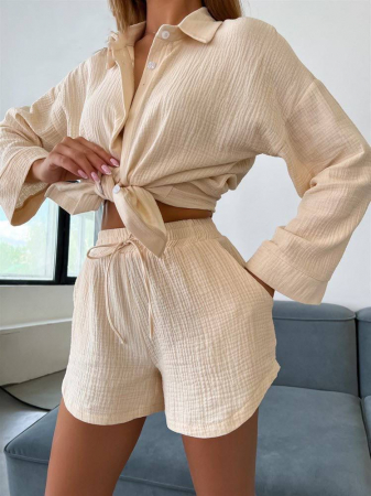 Compleu de vara cu pantaloni scurti si camasa, crem [3]