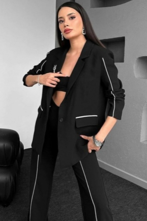 Costum Elegant, 2 piese Negru, cu dungi fine albe [1]