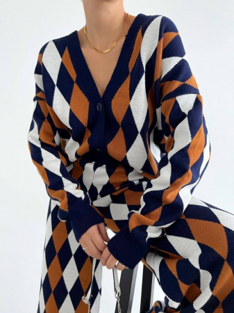 Compleu tricotat multicolor, 2 piese, cu imprimeu geometric, Maro-Alb-Bleumarin [2]
