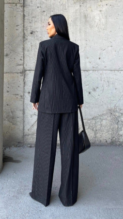 Costum negru elegant, cu dungi, oversized, din stofa – sacou lung și pantaloni largi [3]
