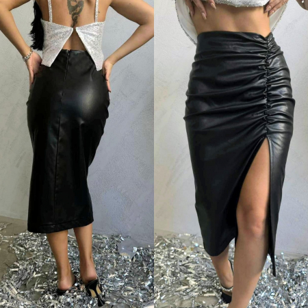 Fusta Midi din Piele Eco, Negru [1]