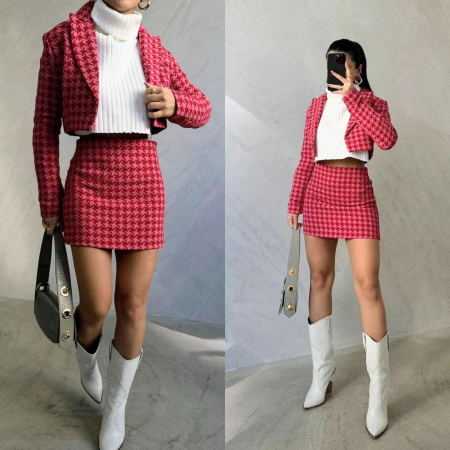 Fusta Mini cu Model Ecosez, Roz/Rosu [2]